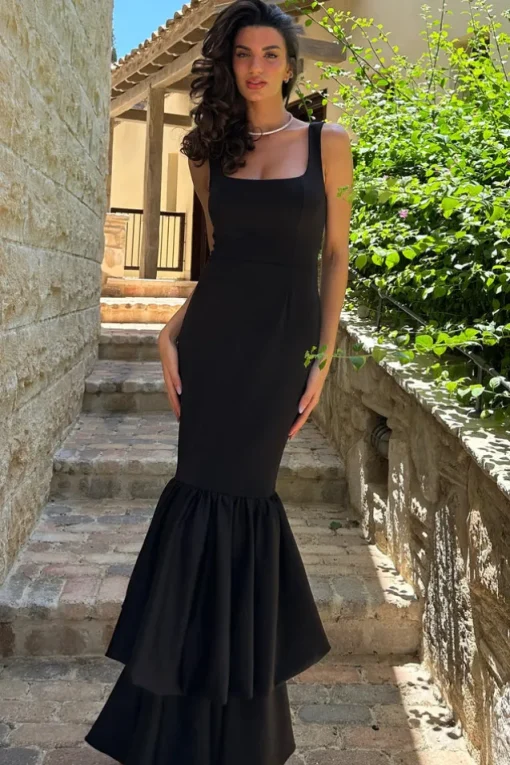 Monet | Black Square-Neck Maxi Dress With Volume Hem