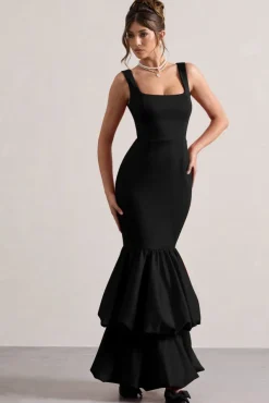 Monet | Black Square-Neck Maxi Dress With Volume Hem