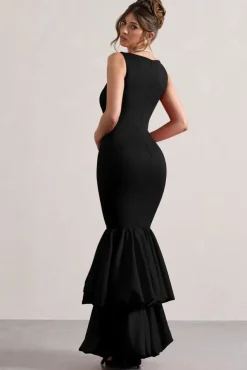 Monet | Black Square-Neck Maxi Dress With Volume Hem