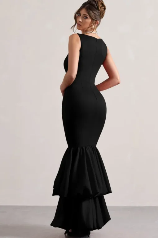 Monet | Black Square-Neck Maxi Dress With Volume Hem
