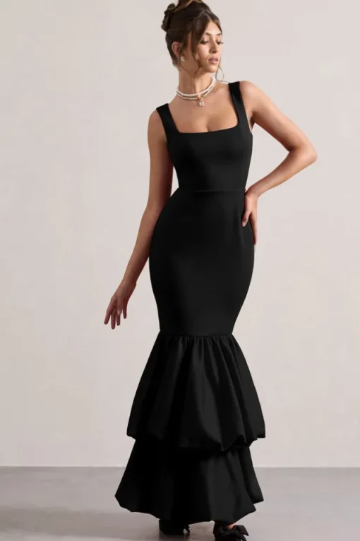 Monet | Black Square-Neck Maxi Dress With Volume Hem
