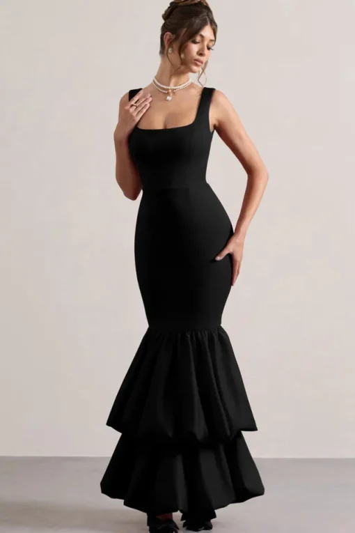 Monet | Black Square-Neck Maxi Dress With Volume Hem