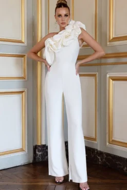 Monica | White Asymmetric Ruffled Wide-Leg Jumpsuit