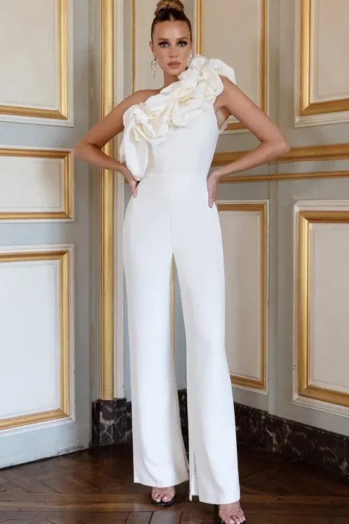 Monica | White Asymmetric Ruffled Wide-Leg Jumpsuit