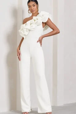 Monica | White Asymmetric Ruffled Wide-Leg Jumpsuit