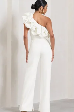 Monica | White Asymmetric Ruffled Wide-Leg Jumpsuit