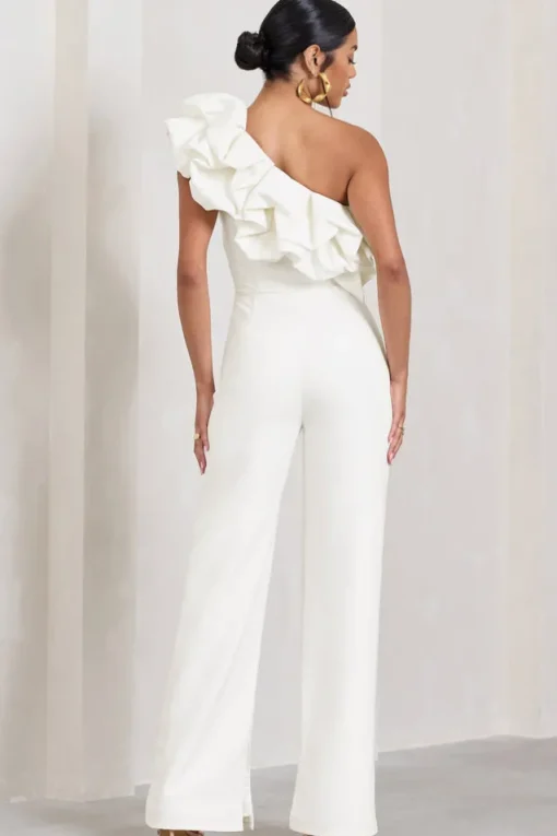 Monica | White Asymmetric Ruffled Wide-Leg Jumpsuit