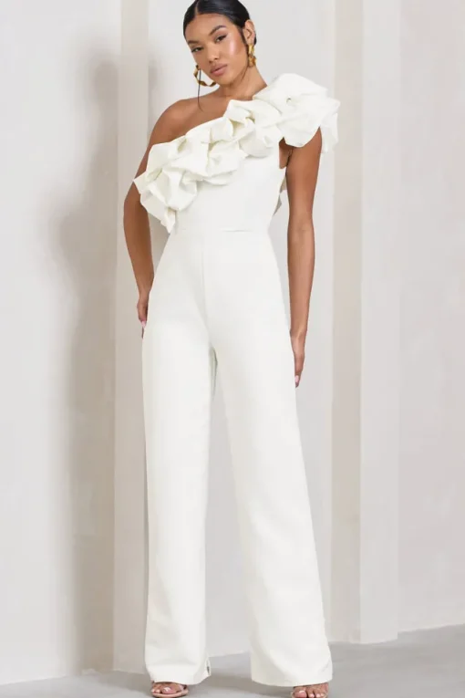 Monica | White Asymmetric Ruffled Wide-Leg Jumpsuit