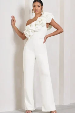 Monica | White Asymmetric Ruffled Wide-Leg Jumpsuit