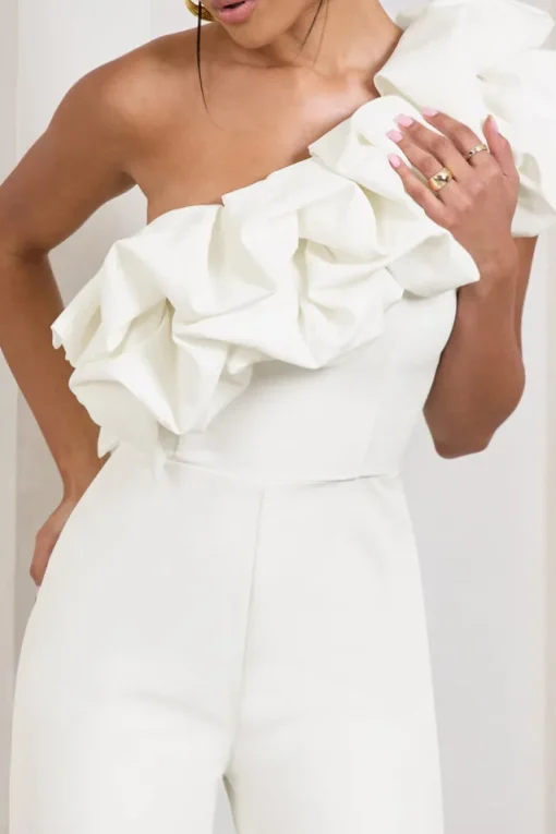 Monica | White Asymmetric Ruffled Wide-Leg Jumpsuit
