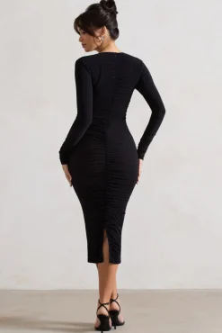 Monique | Black Ruched Bodycon Midi Dress