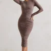Monique | Mocha Ruched Bodycon Midi Dress