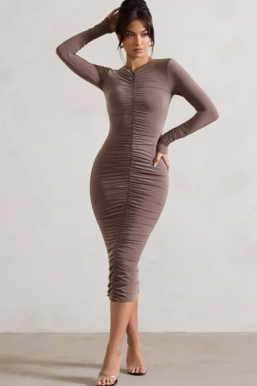 Monique | Mocha Ruched Bodycon Midi Dress