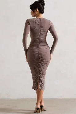 Monique | Mocha Ruched Bodycon Midi Dress