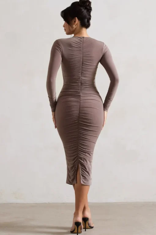 Monique | Mocha Ruched Bodycon Midi Dress
