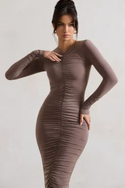 Monique | Mocha Ruched Bodycon Midi Dress