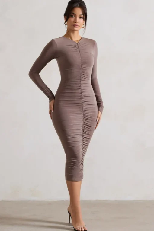 Monique | Mocha Ruched Bodycon Midi Dress