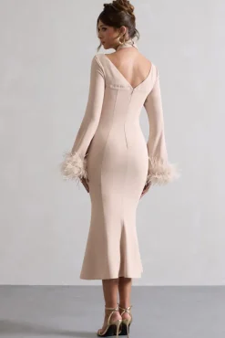 Monroe | Champagne Cross Halter-Neck Midi Dress With Feather Cuffs