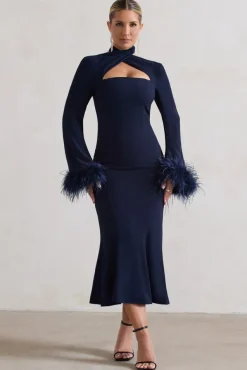 Monroe | Navy Cross Halter-Neck Midi Dress With Feather Cuffs