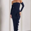 Montana | Navy Bardot Ruffle Maxi Dress