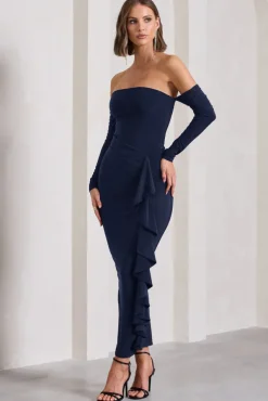 Montana | Navy Bardot Ruffle Maxi Dress