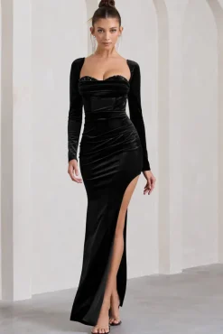 Moonlit | Black Velvet Corset Long-Sleeved Split Maxi Dress