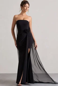 More To Come | Black Strapless Wrap Cape Maxi Dress With Corsage