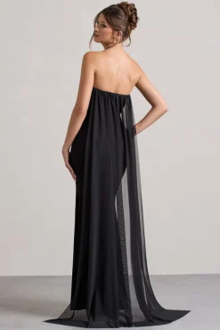 More To Come | Black Strapless Wrap Cape Maxi Dress With Corsage