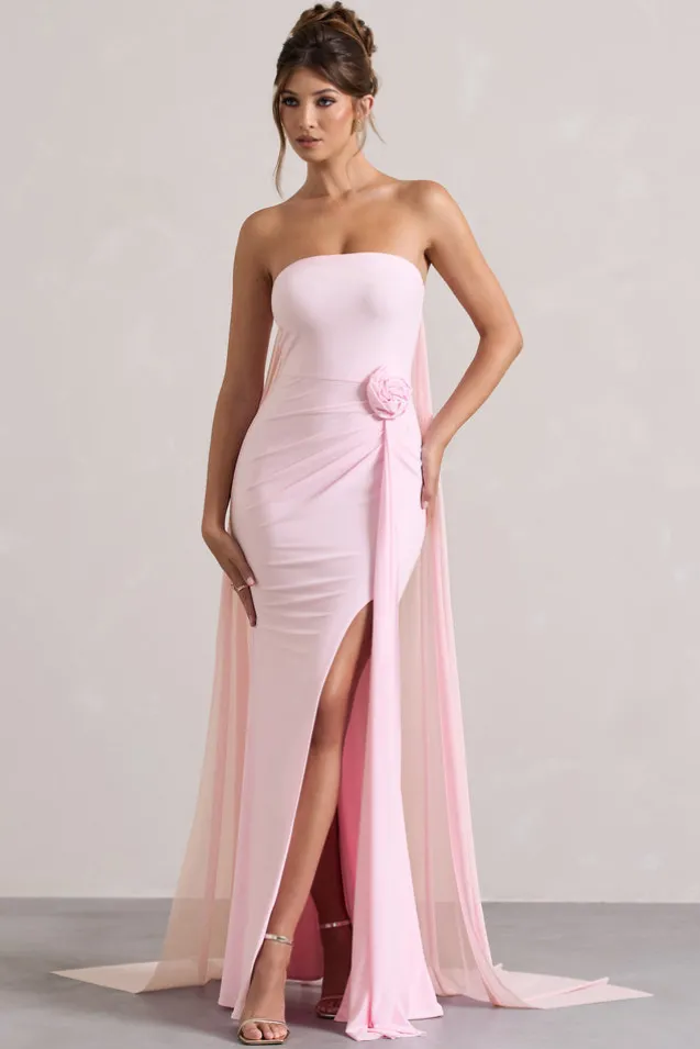 More To Come | Pink Strapless Wrap Cape Maxi Dress With Corsage