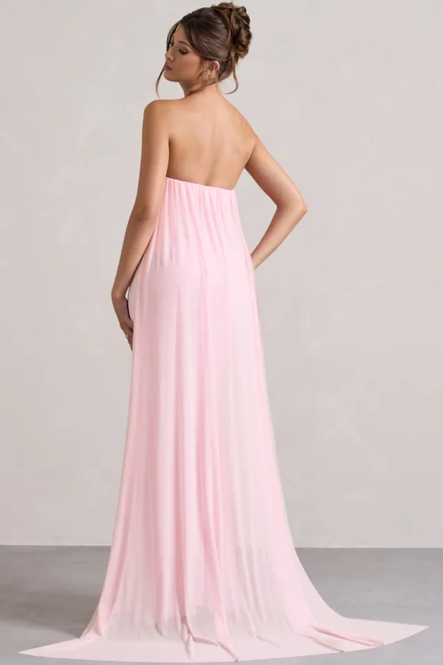 More To Come | Pink Strapless Wrap Cape Maxi Dress With Corsage
