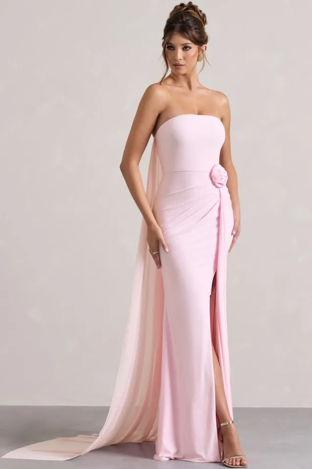 More To Come | Pink Strapless Wrap Cape Maxi Dress With Corsage