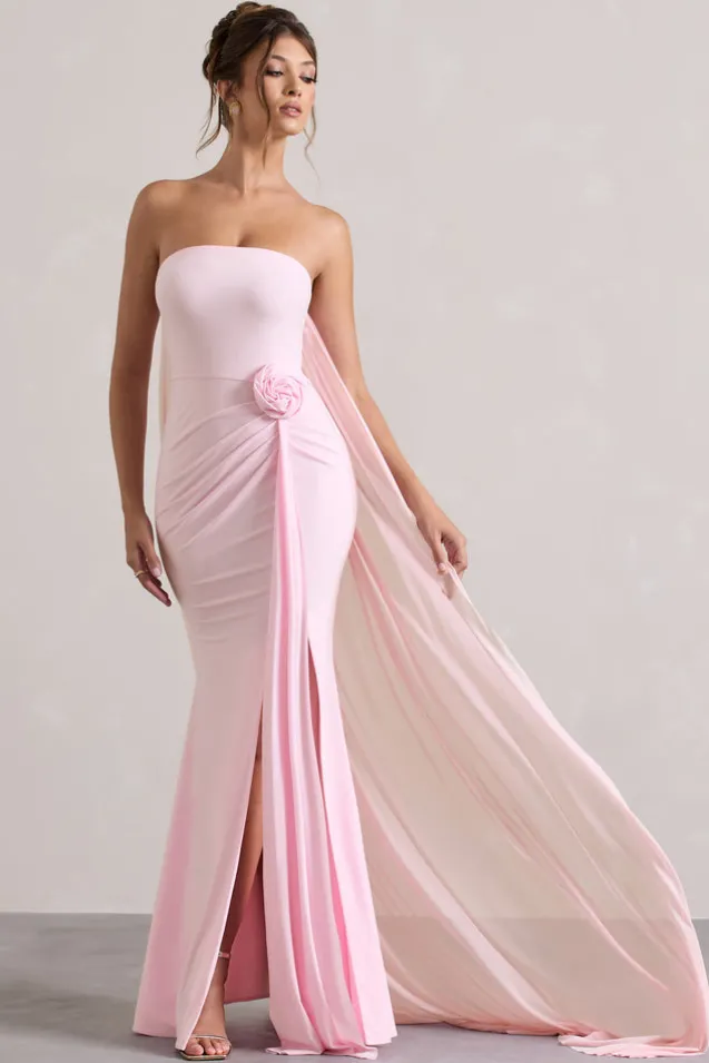 More To Come | Pink Strapless Wrap Cape Maxi Dress With Corsage