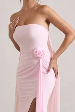 More To Come | Pink Strapless Wrap Cape Maxi Dress With Corsage