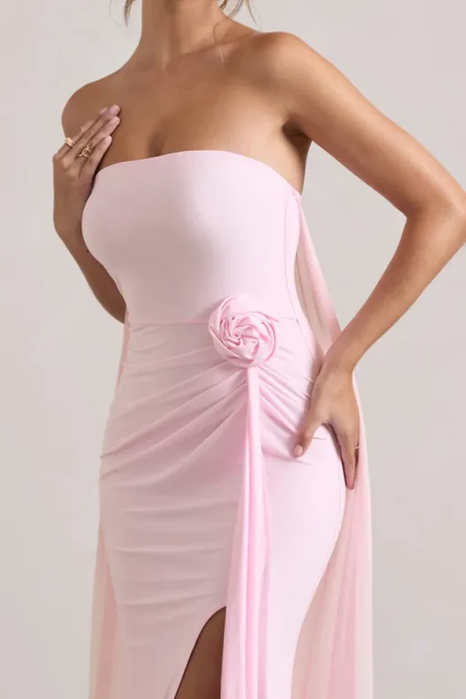 More To Come | Pink Strapless Wrap Cape Maxi Dress With Corsage