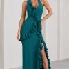 Morning | Bottle Green Ruffled Halter-Neck Split Maxi Dress