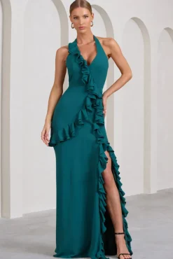 Morning | Bottle Green Ruffled Halter-Neck Split Maxi Dress