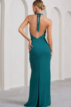 Morning | Bottle Green Ruffled Halter-Neck Split Maxi Dress