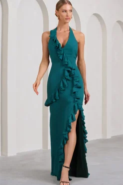Morning | Bottle Green Ruffled Halter-Neck Split Maxi Dress