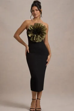 Moya | Black u0026 Gold Bodycon Midi Dress With Corsage Detail