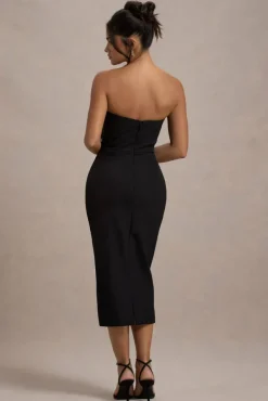 Moya | Black u0026 Gold Bodycon Midi Dress With Corsage Detail