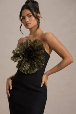 Moya | Black u0026 Gold Bodycon Midi Dress With Corsage Detail