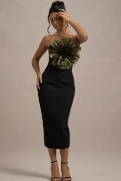 Moya | Black u0026 Gold Bodycon Midi Dress With Corsage Detail