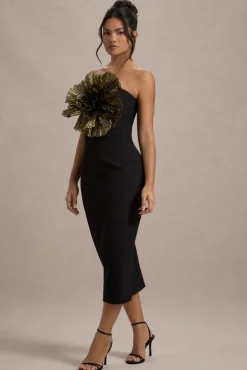 Moya | Black u0026 Gold Bodycon Midi Dress With Corsage Detail