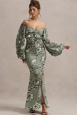 Murcia | Olive Floral Print Chiffon Puff-Sleeve Button Maxi Dress