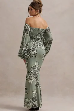 Murcia | Olive Floral Print Chiffon Puff-Sleeve Button Maxi Dress