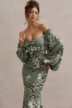 Murcia | Olive Floral Print Chiffon Puff-Sleeve Button Maxi Dress