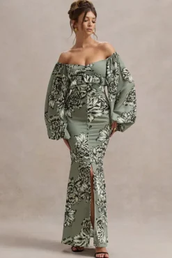 Murcia | Olive Floral Print Chiffon Puff-Sleeve Button Maxi Dress