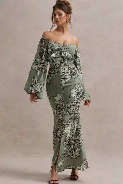 Murcia | Olive Floral Print Chiffon Puff-Sleeve Button Maxi Dress
