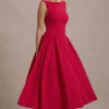 Muriel | Red Boat-Neck Volume-Hem Midi Dress