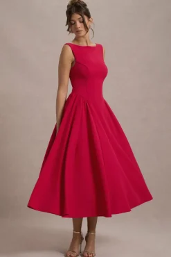 Muriel | Red Boat-Neck Volume-Hem Midi Dress